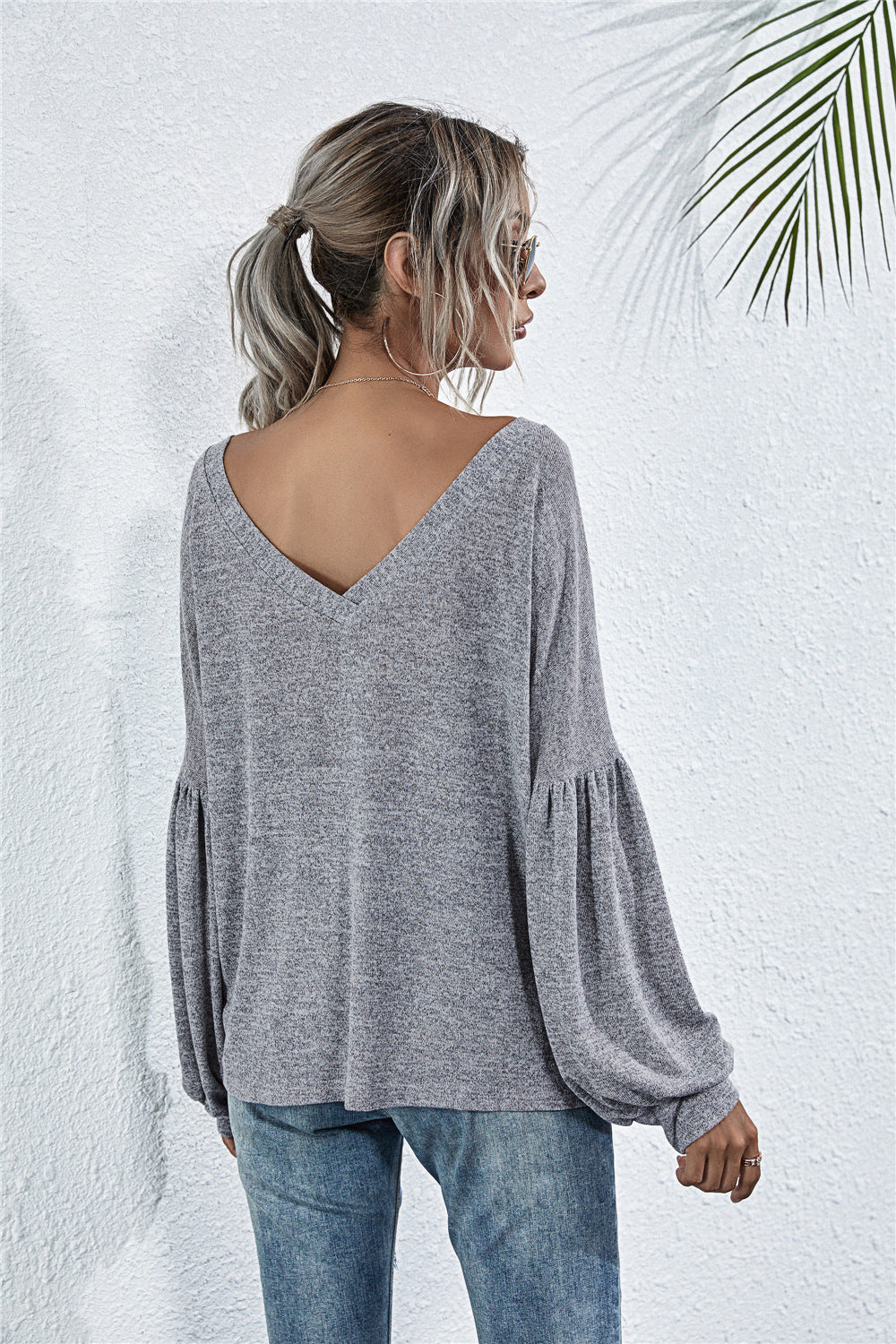 V-Neck Long Sleeve Dropped Shoulder Knit Top