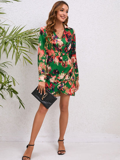 Printed Long Sleeve Tulip Hem Dress