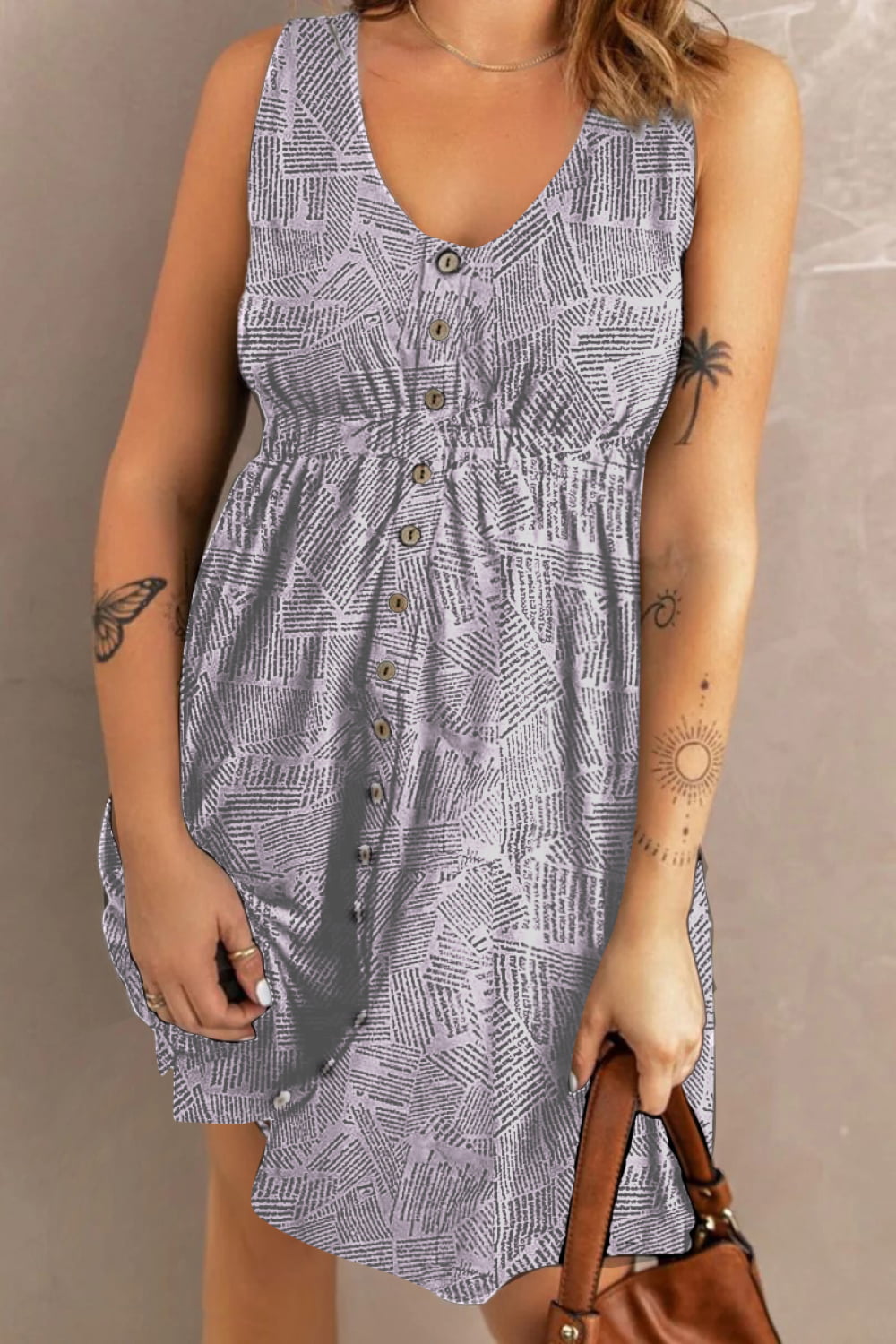 Double Take Printed Scoop Neck Sleeveless Buttoned Magic Dress with Pockets