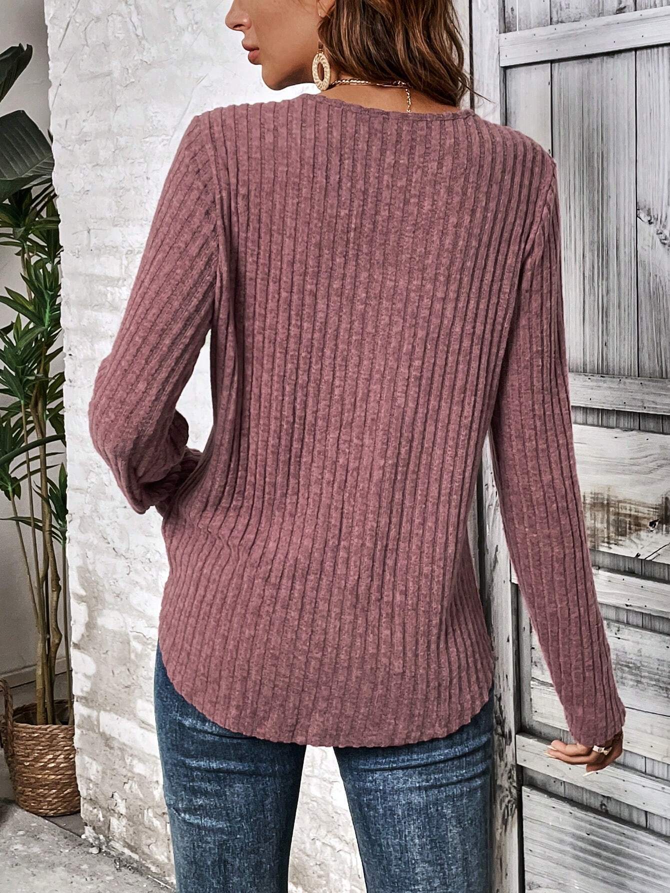 Round Neck Ribbed Long Sleeve T-Shirt