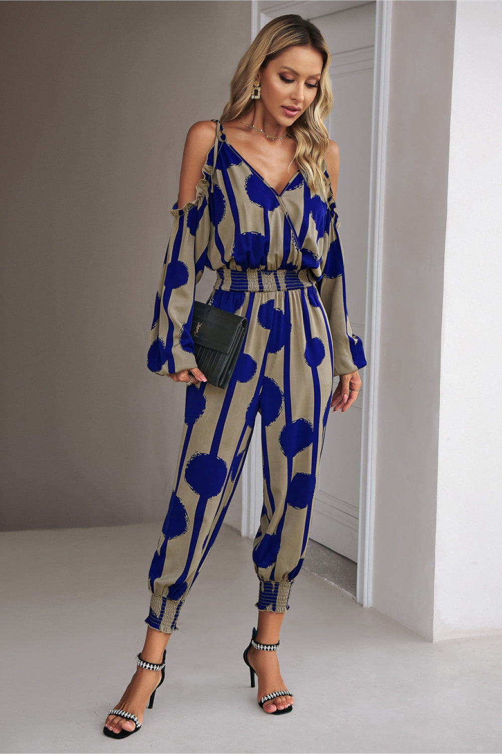 Printed Cold-Shoulder Surplice Neck Jumpsuit